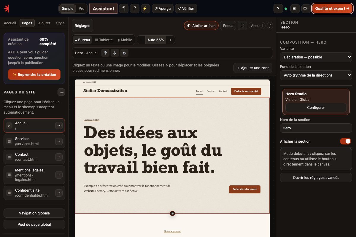 L’éditeur Website Factory en fonctionnement avec un site de démonstration modifiable à l’écran.